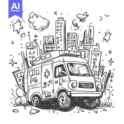 Hand-drawn sketch of an ambulance driving through a cityscape