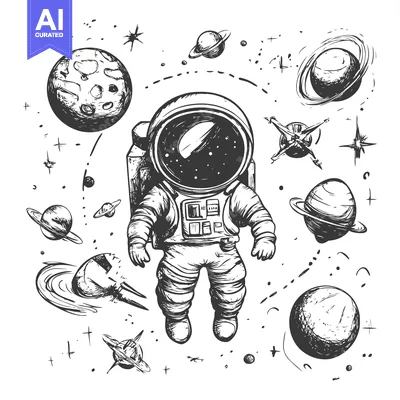 Aset desain premium: Hand-drawn sketch of an astronaut surrounded by planets and stars in s