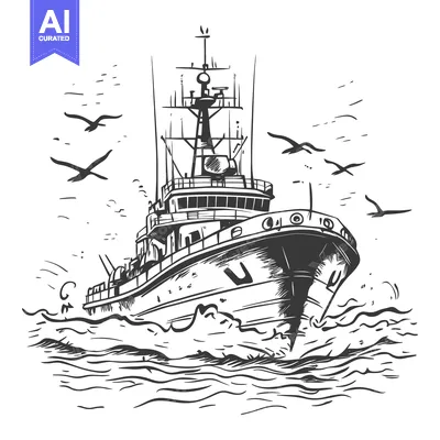 Aset premium populer: Hand-drawn sketch of a naval ship sailing on the ocean with seagulls f