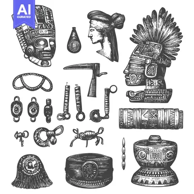 Aset desain premium: Hand-Drawn Sketch of Ancient Mayan Artifacts