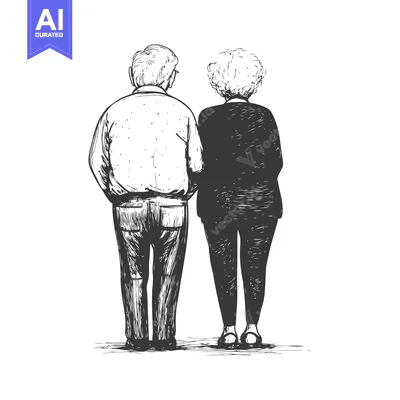 Aset premium populer: Hand-drawn sketch of an elderly couple walking together, seen from beh