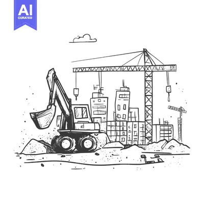 Aset premium populer: Hand-drawn sketch of an excavator and a crane working on a constructio