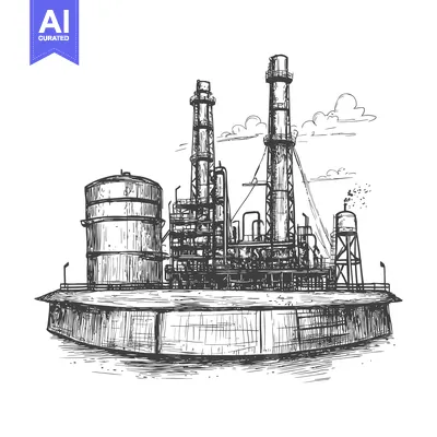 Aset desain premium: Hand-Drawn Sketch of an Industrial Complex with Tall Chimneys and Stor