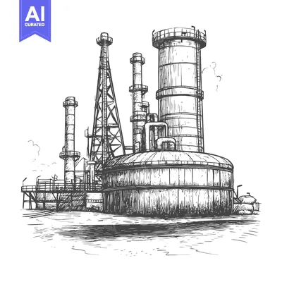 Popular premium asset: Hand-drawn sketch of an industrial complex with tall chimneys and tank