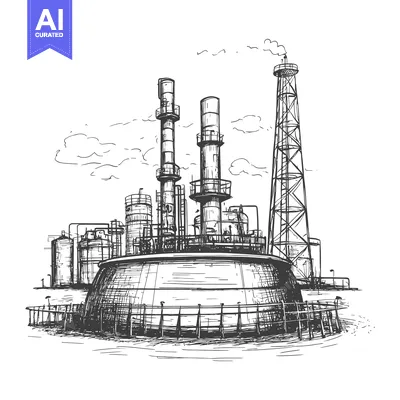 Aset desain premium: Hand-drawn Sketch of an Industrial Facility with Tall Chimneys and a L