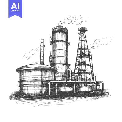 Aset premium populer: Hand-drawn sketch of an industrial facility with tall cylindrical towe