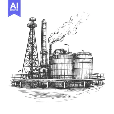 Premium design asset: Hand-drawn sketch of an industrial oil refinery with smoke stacks and