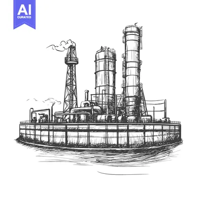 Aset premium populer: Hand-drawn sketch of an industrial refinery with tall tanks and pipes