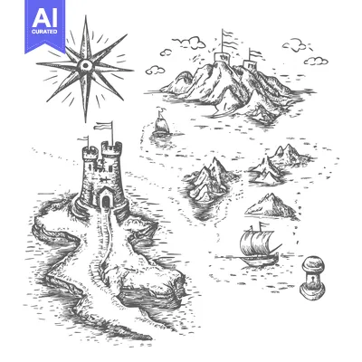 Hand-drawn Sketch of an Island with a Tower, Ships, and a Compass Rose