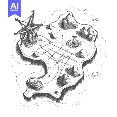 Aset desain premium: Hand-Drawn Sketch of an Island with Mountains, Compass, and a Gridded