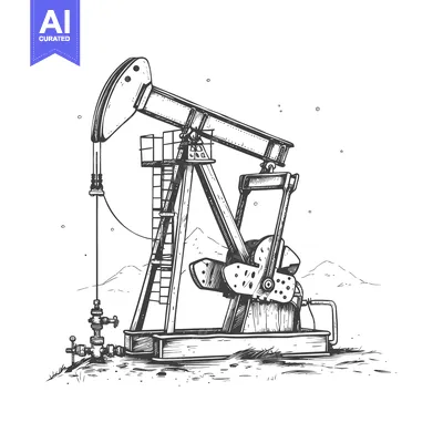 Aset desain premium: Hand-drawn sketch of an oil pump jack in a landscape setting