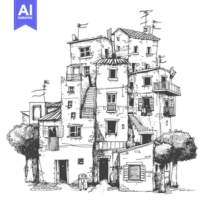 Aset desain premium: Hand-drawn sketch of an old European building with balconies and trees