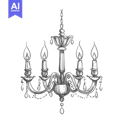 Aset desain premium: Hand-drawn sketch of an ornate chandelier with four candle-style bulbs