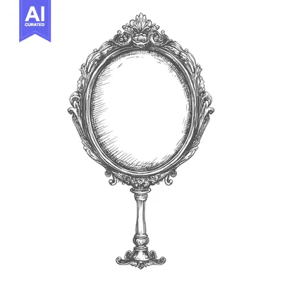 Aset desain premium: Hand-Drawn Sketch of an Ornate Vintage Mirror with a Stand