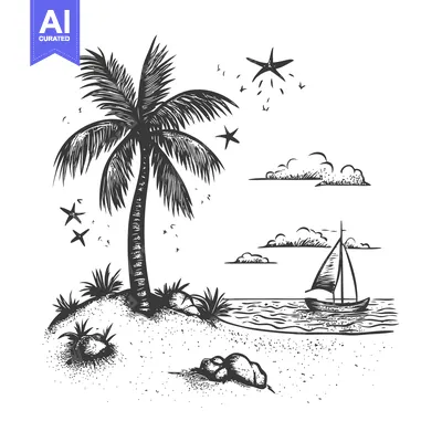Aset desain premium: Hand-Drawn Sketch of a Palm Tree on a Beach with a Sailboat in the Dis