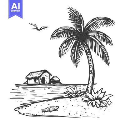 Premium design asset: Hand-drawn Sketch of a Palm Tree on a Tropical Island with a Small Hut