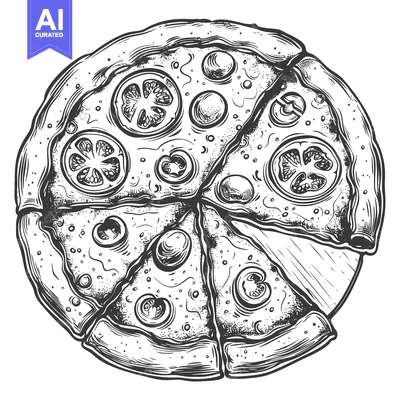 Aset desain premium: Hand-Drawn Sketch of a Partially Eaten Pizza with Toppings
