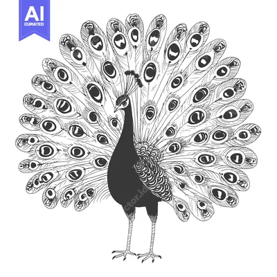 Aset desain premium: Hand-Drawn Sketch of a Peacock with its Tail Feathers Spread Out