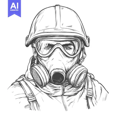 Aset desain premium: Hand-Drawn Sketch of a Person Wearing a Gas Mask and Helmet