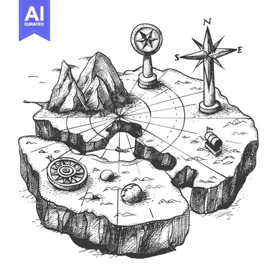 Aset premium populer: Hand-drawn Sketch of a Pirate Treasure Map with Compass and Mountains