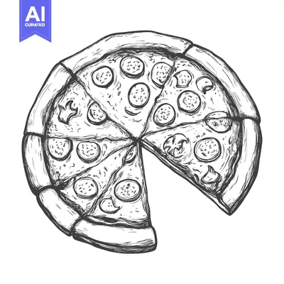 Aset desain premium: Hand-drawn sketch of a pizza with a slice missing