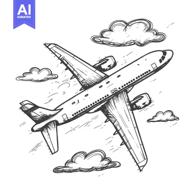 Aset desain premium: Hand-drawn Sketch of a Plane Flying Through the Clouds