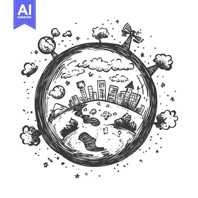 Aset premium populer: Hand-drawn sketch of a planet with a city, clouds, trees, and stars