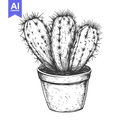 Hand-Drawn Sketch of a Potted Cactus with Three Spiky Segments