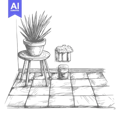 Premium design asset: Hand-Drawn Sketch of a Potted Plant on a Stool with a Tile Floor