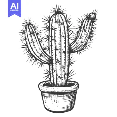 Aset desain premium: Hand-Drawn Sketch of a Prickly Cactus in a Pot