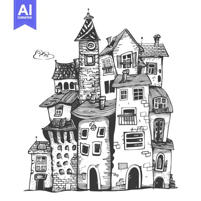Aset desain premium: Hand-Drawn Sketch of a Quaint and Quirky Multi-Story Building