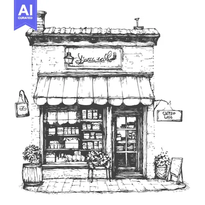 Aset desain premium: Hand-Drawn Sketch of a Quaint Brick Store with an Awning and Streetsid