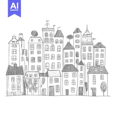 Premium design asset: Hand-drawn sketch of a quaint cityscape with various buildings and tre