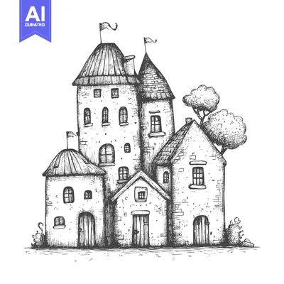 Popular premium asset: Hand-Drawn Sketch of a Quaint Cluster of Stone Houses with Flags