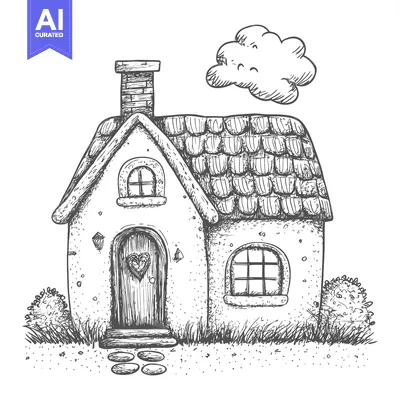 Aset desain premium: Hand-Drawn Sketch of a Quaint Cottage with a Heart-Shaped Door