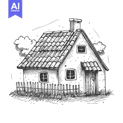 Aset premium populer: Hand-drawn sketch of a quaint cottage with a tiled roof and a picket f