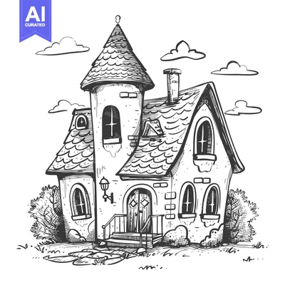 Aset desain premium: Hand-drawn Sketch of a Quaint Cottage with a Tower and a Stone Chimney