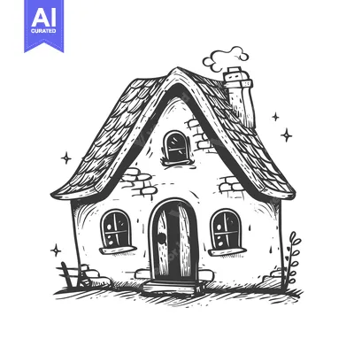Aset desain premium: Hand-drawn sketch of a quaint cottage with smoke rising from its chimn