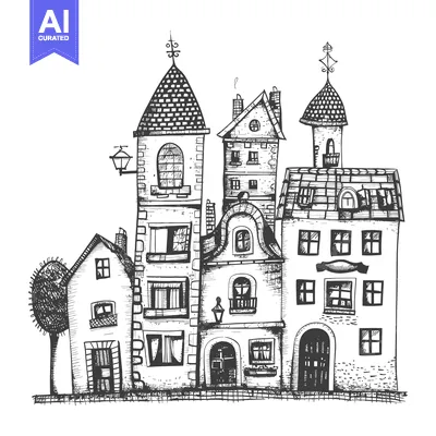Premium design asset: Hand-Drawn Sketch of a Quaint European Street with Multiple Buildings
