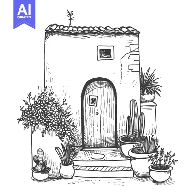 Hand-drawn sketch of a quaint house with plants and a wooden door