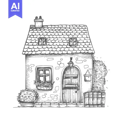 Aset premium populer: Hand-Drawn Sketch of a Quaint Stone Cottage with a Gable Roof and a Wo