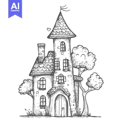 Aset premium populer: Hand-Drawn Sketch of a Quaint Storybook House with a Tower and Trees