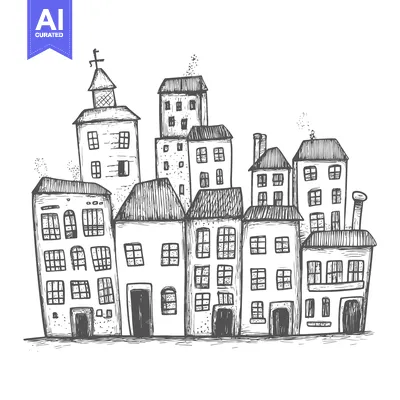 Aset desain premium: Hand-drawn sketch of a quaint street with multiple buildings