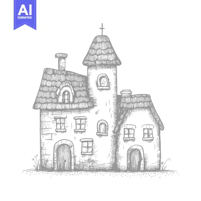 Aset premium populer: Hand-drawn Sketch of a Quaint Two-Story Stone House with a Cross on th