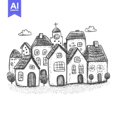 Aset desain premium: Hand-Drawn Sketch of a Quaint Village with a Church and Houses
