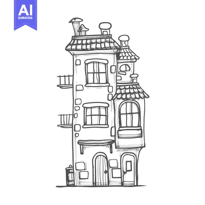 Aset desain premium: Hand-Drawn Sketch of a Quirky Three-Story House with Detailed Facade