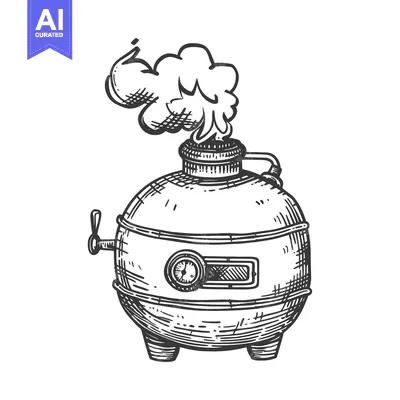 Aset desain premium: Hand-drawn sketch of a round steam boiler with a gauge and a spout