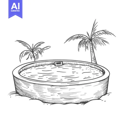 Premium design asset: Hand-Drawn Sketch of a Round Swimming Pool with Palm Trees