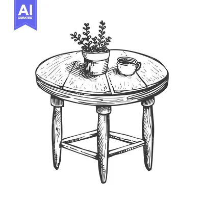 Aset desain premium: Hand-drawn sketch of a round wooden table with a potted plant and a cu