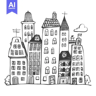 Aset premium populer: Hand-drawn Sketch of a Row of Six Unique Buildings